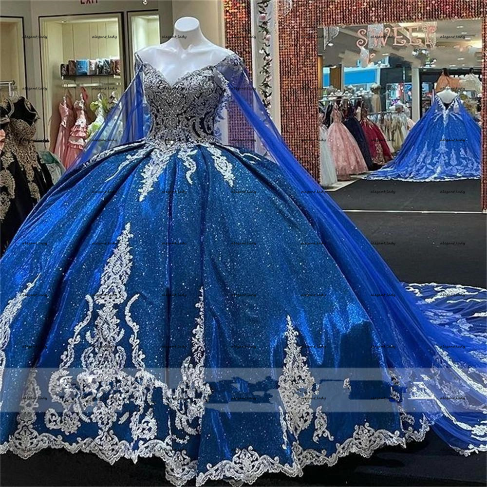 

Royal Blue 2022 Ball Gown Beaded Lace Quinceanera Dress With Cape Off The Shoulder Corset Back Princess Sweet 16 Graduation Gown, Black