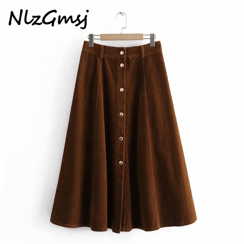 

Skirt Corduroy A-line Skirt Faldas Mujer Vintage Buttons Office Ladies Elegant Chic Mid Calf 210628, As picture
