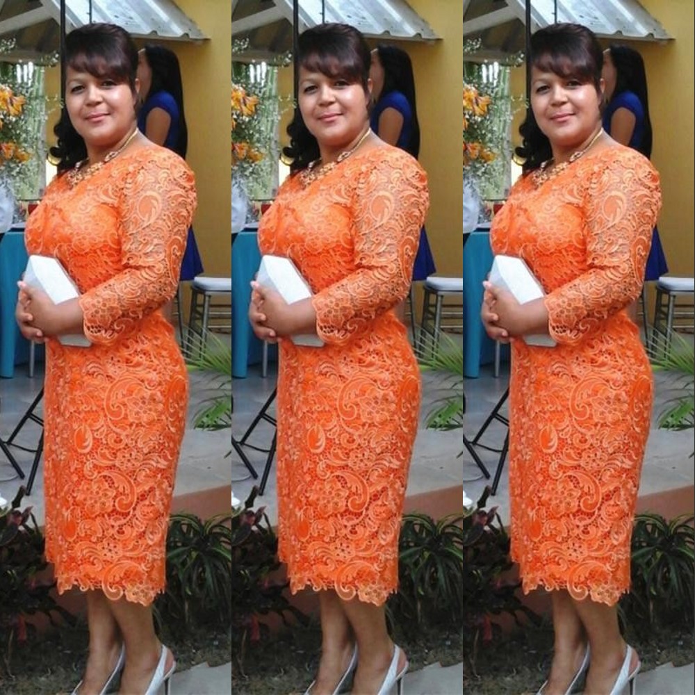 

2021 Vintage Mother Of Bride Dress Tea Length V Neck Three Quarter Sleeves Orange Full Lace Sheath Vestidos Plus Size Formal Wedding Guest Dreses