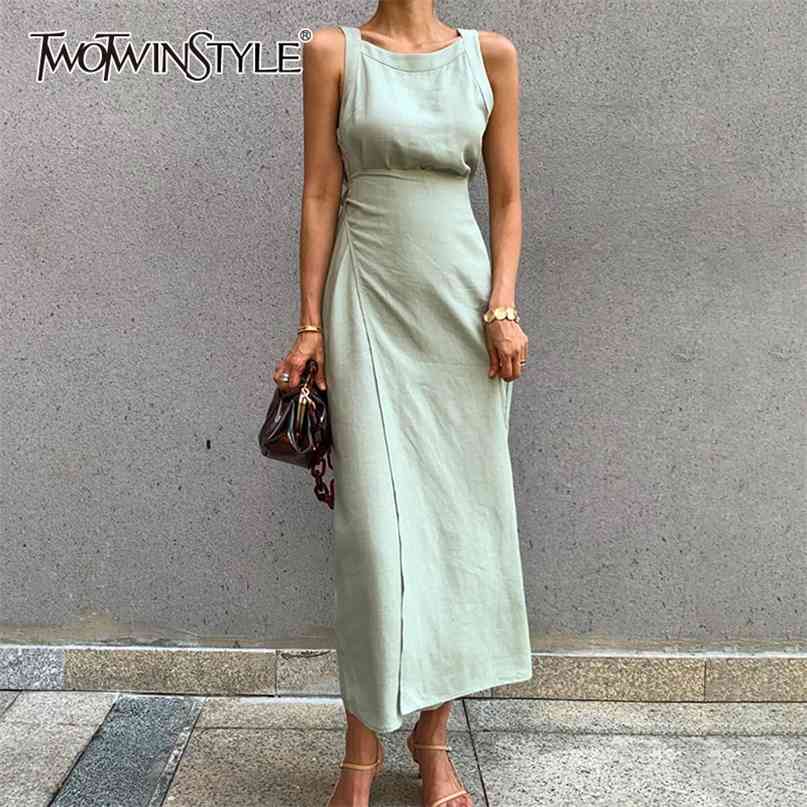 

Elegant Sleeveless Dress For Women O Neck Off Shoulder High Waist Bandage Midi Dresses Female Fashion Clothing 210520, Green