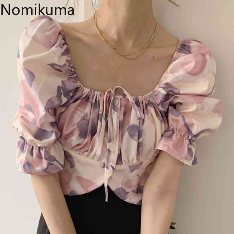 Nomikuma Womens Tops Korean Floral High Waist Short Blouse Lace Up Square Collar Puff Sleeve Blusas Femme Summer Shirt 6H187 210427
