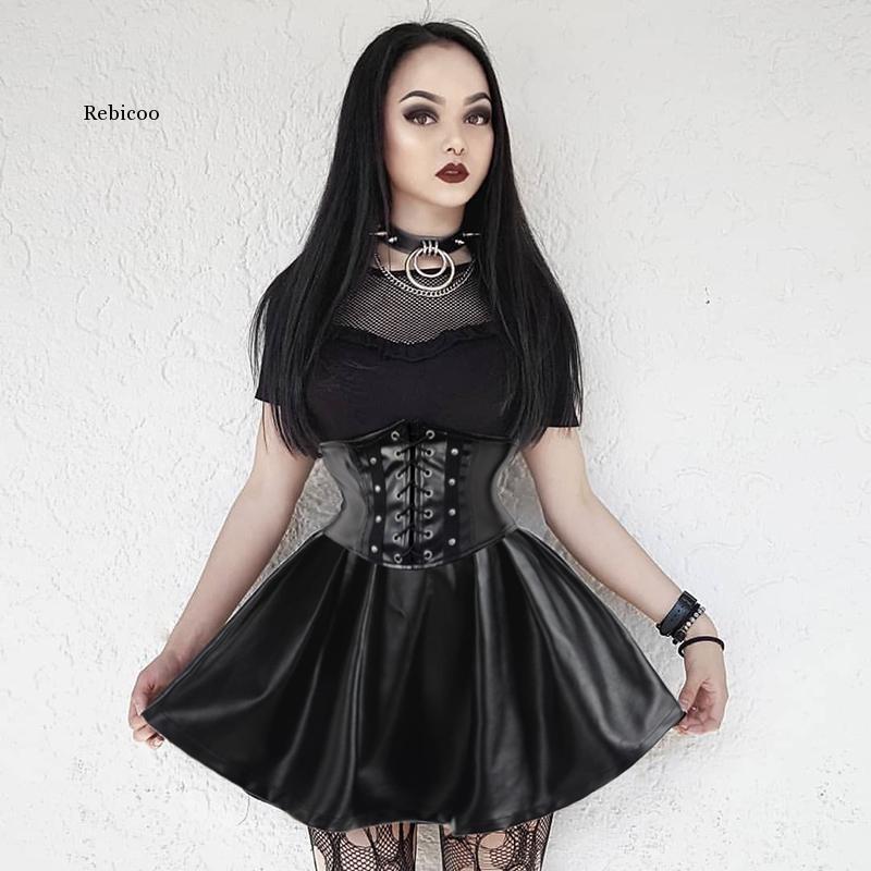 

Skirts Women' Gothic Harajuku Bandage Faux Leather Fashion Black Mini Pleated Summer Party Pu Saias, Black skirt
