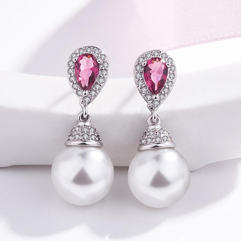 

Dangle & Chandelier Pearl Ruby Red Crystal Drop Earrings For Women White Gold Color Blue Aquamarine Pink Zircon Diamond Luxury Party Fine Je