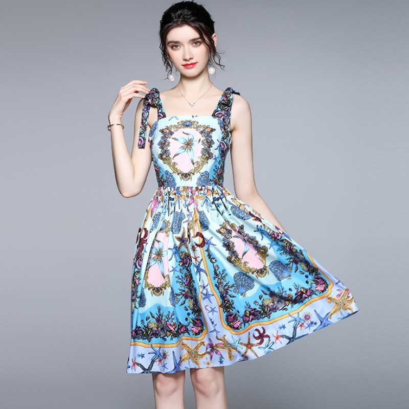 

Summer Boho Dress Women's Spaghetti Strap Fashion Casual Floral print Vacation Elegant Midi Dress 210518, Photo color
