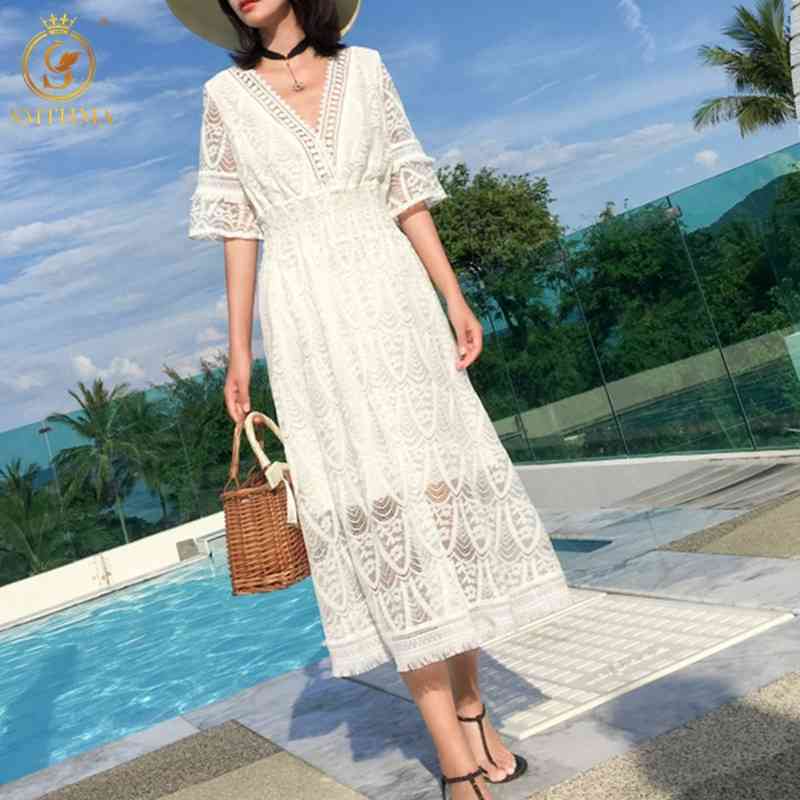 

Arrival Tassel Boho Summer Dress Robe Women Lace Hollow Out Solid Sexy V-Neck Dresses Vestidos 210520, Photo color