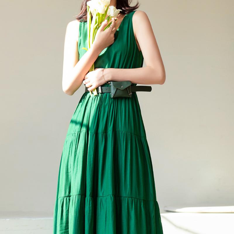 

Casual Dresses 2021 Dress Summer Japanese Pleated Sleeveless Loose Was Thin Long Red A Word Suspender Yellow Fashion, Green