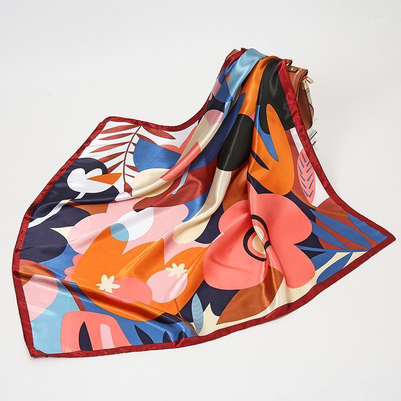 

Scarves Women Scarf Flower Print Square Head Lady High Quality Shawls Silk Foulard Satin Hijab 90*90cm, Blue;gray