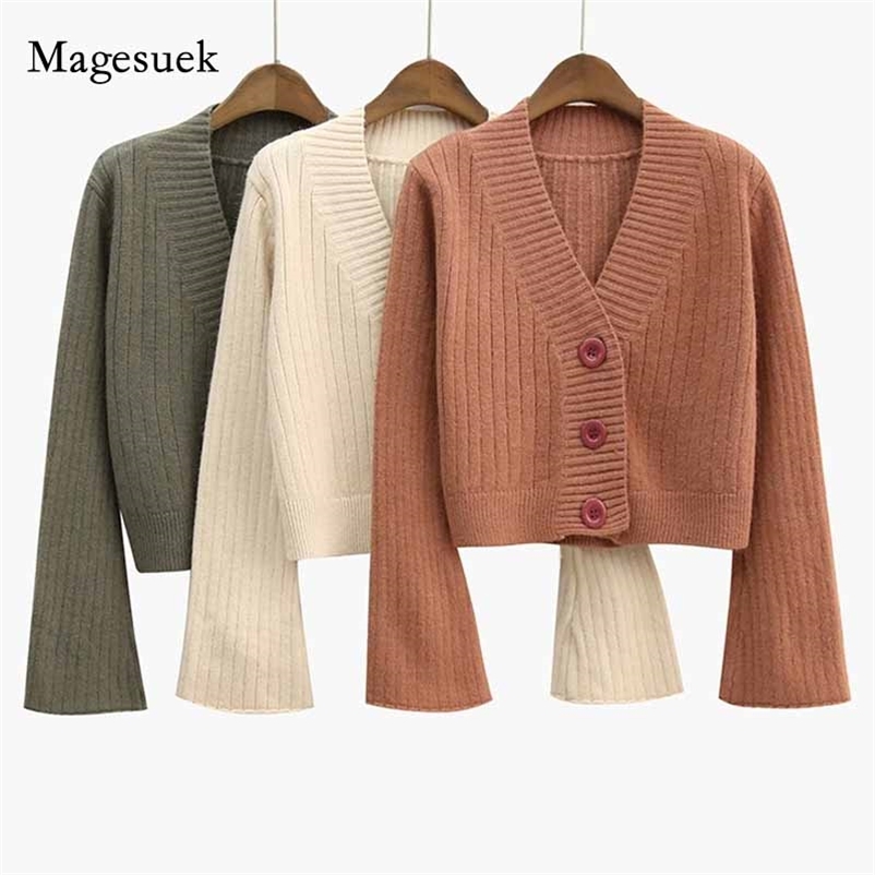 

Autumn Long Sleeve Soft Cotton Outwear Chic Cardigan Office Lady Clothes Women Knitted Sweater V-neck Korean 10937 210518, Green