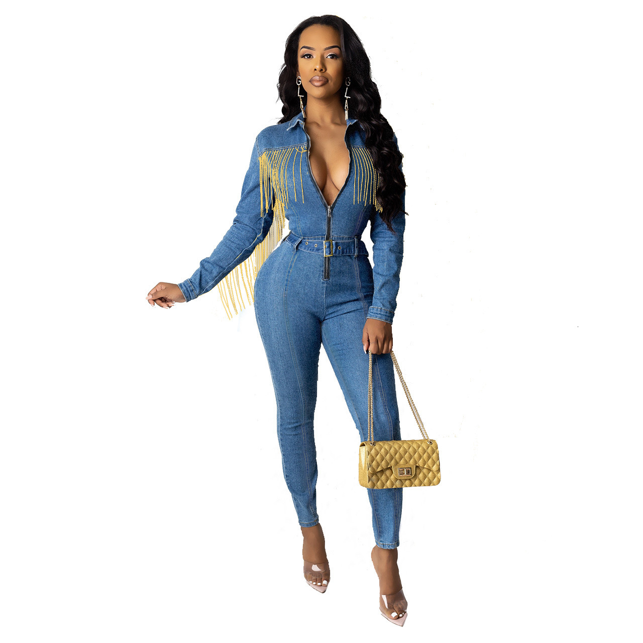 Latest Autumn Winter Women Blue Denim Jumpsuits with Taasels Fashionable Tassels Sleeves Zipper V Neck Long Penci Jeans Real Pictures-image-682561375