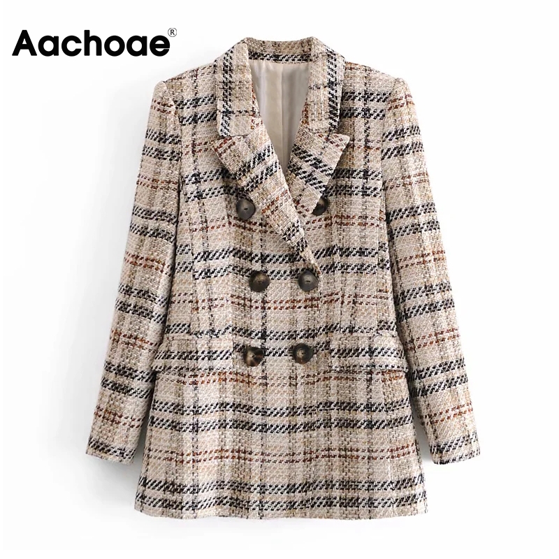 

Elegant Plaid Blazer Suits Double Breasted Vintage Office Blazer Women Long Sleeve Ladies Tops Outerwear Spring Autumn, Black;white