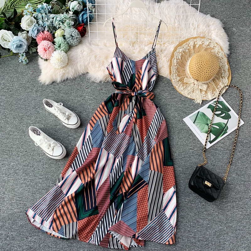 

Women Retro Print Chiffon Dress New 2021 Summer Spaghetti Strap Sexy V-neck Beach Dresses Lady Boho With Belt Long Robe Vestido, Multi
