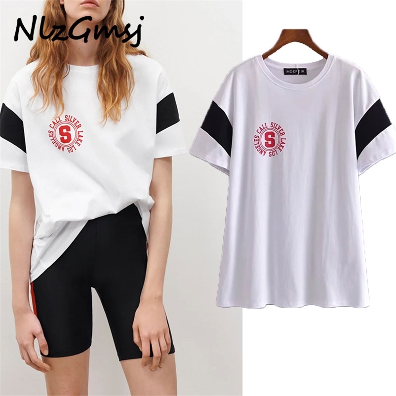 

T-shirt Women Cotton Patchwork Loose Short Sleeves Tops Chic T Shirt Letter Print Summer Tshirt03 210628, As picture