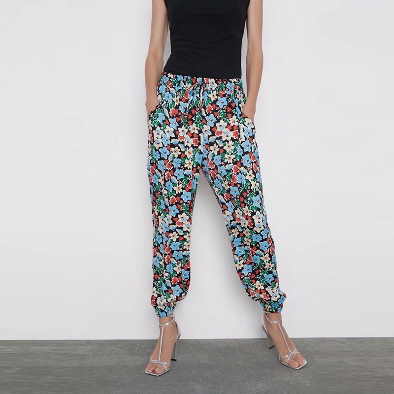 

Casual Floral Harem Pants High Waist Elastic Slim Trouser Summer Spring Vintage Print XZ2568 210603, Blue