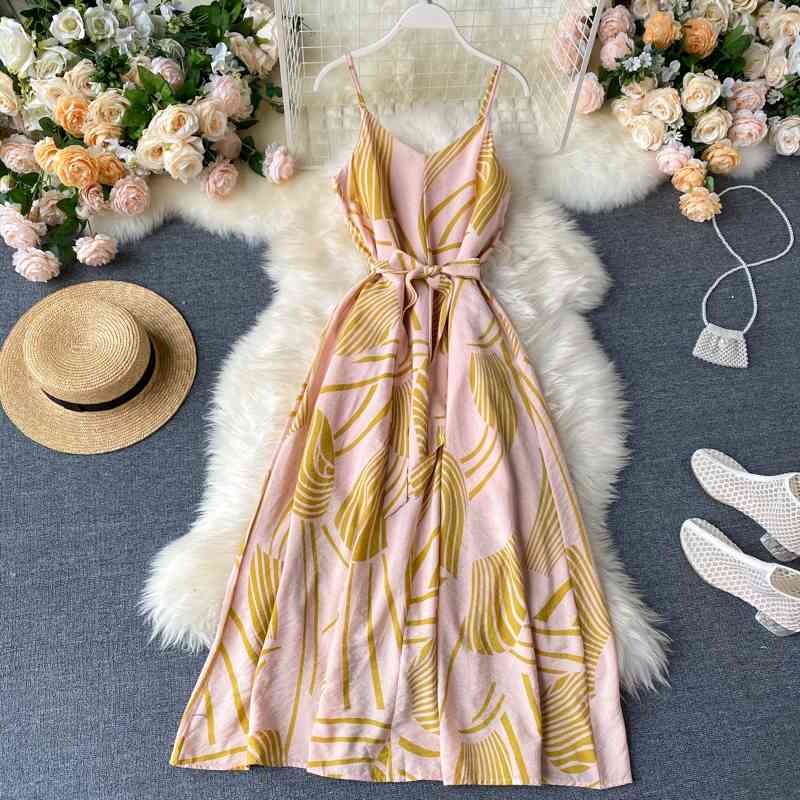

Summer Casual Dres Slim With Belt V-neck Spaghetti Strap Ladies Elegant Pattern Printing Long Robe 210602