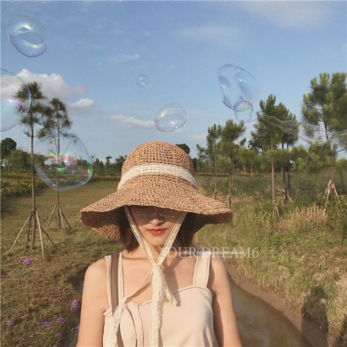 

Chic wind lace binding basin children's summer foldable fisherman's Beach Hat seaside sun shading straw hat, Gray