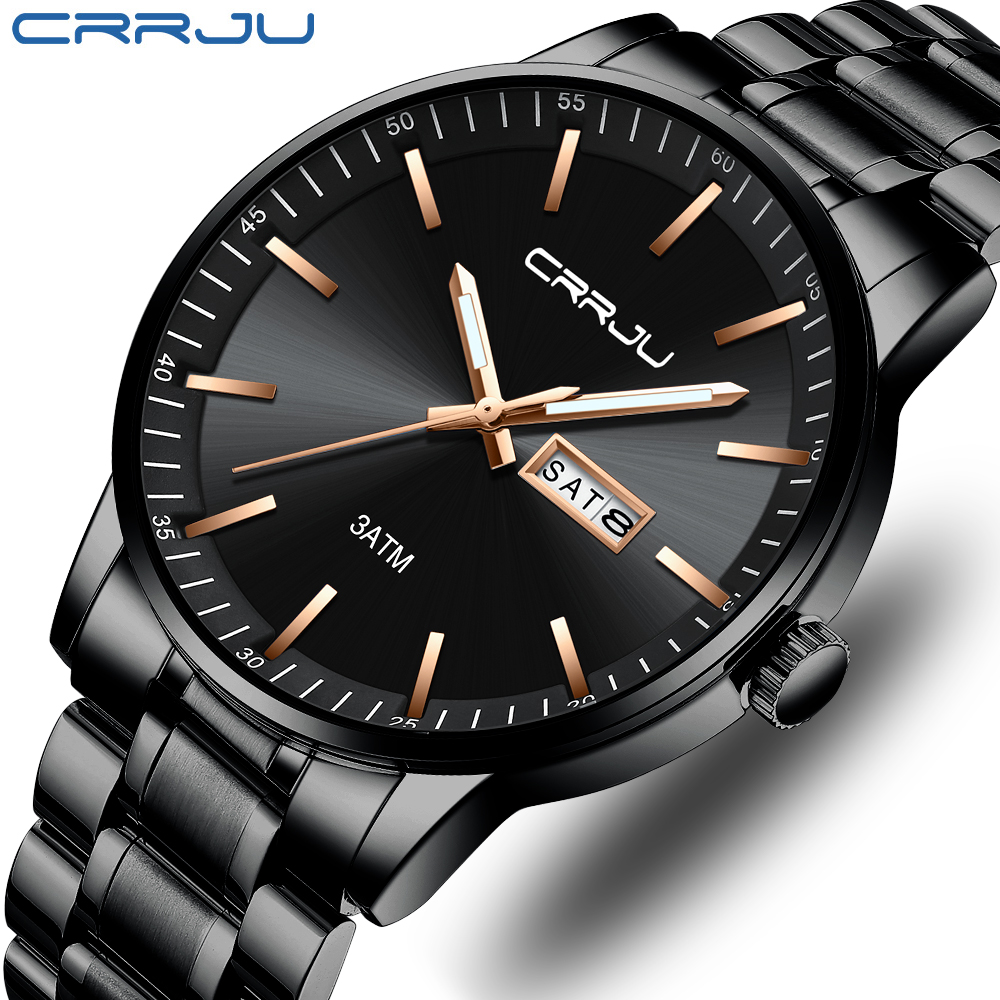 

CRRJU New Quartz Watch for men Top Brand Luxury Fashion Business watches Steel Waterproof man Sport Wristwatch Relogio Masculinog, Black