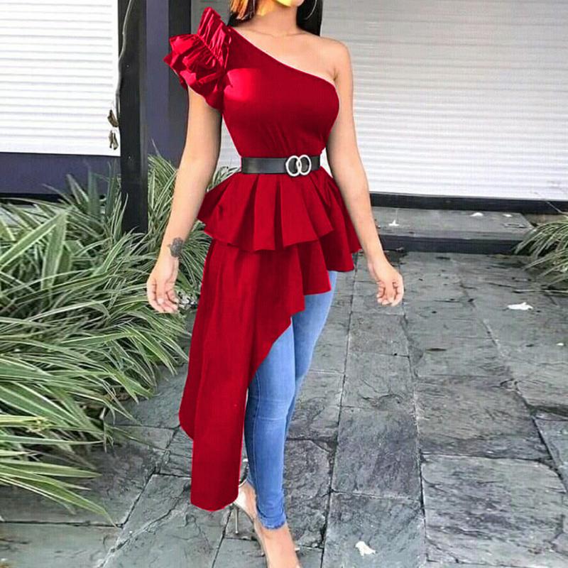 

Women's Blouses & Shirts Women Long One Shoulder Asymmetric Ruffle Cotton Shirt Plus Size Female Summer Fashion Clothes, Red
