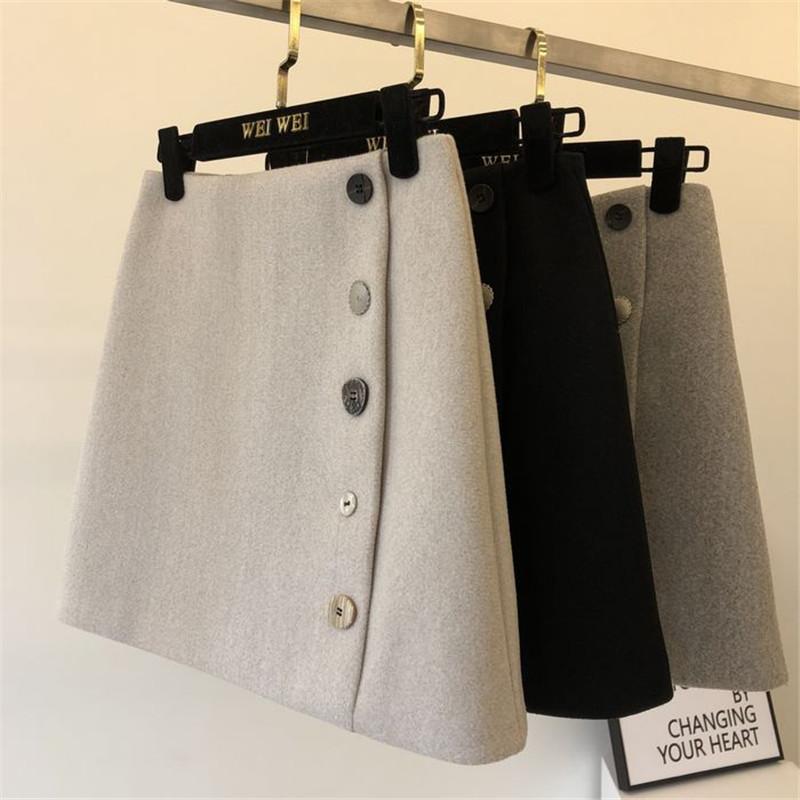 

Skirts 2021 Autumn Winter Women Mini Button High Waist Woolen Skirt Female Solid A Line All Match Short AB1220, Black