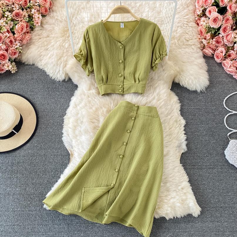 

retro elegant puff sleeve women tracksuits v neck shirt short with skrit vestidos two piece suit high waist a, Gray