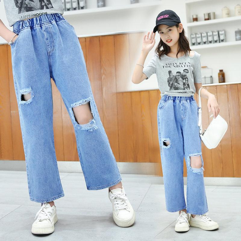 

Jeans Girls Pants Spring Teenage Ripped For Hole Ankle Length Children Casual Kids Trousers 6 8 10 12Yrs, Blue