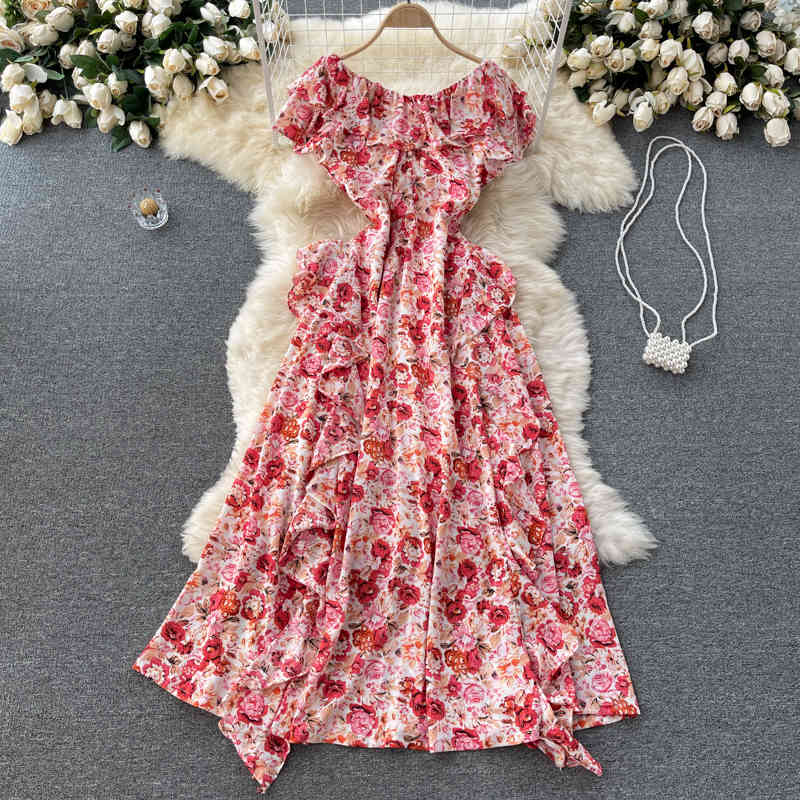 

Women Printing Ruffles Vacation Dress Slash Neck Short Sleeve Arrivals Temperament Fashion Spring Summer 11D569 210525, Blue red