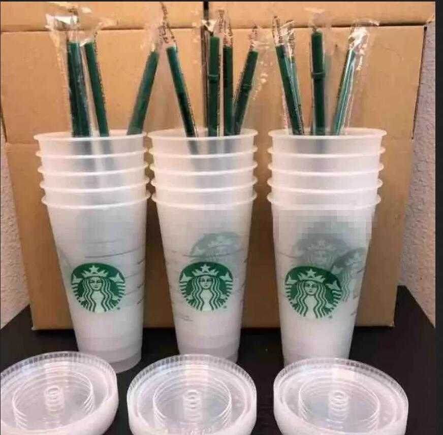 

Starbucks 24oz/710ml Plastic Tumbler Reusable Clear Drinking Flat Bottom Cup Pillar Shape Lid Straw Mugs ShipA89JA89J, Multi-color