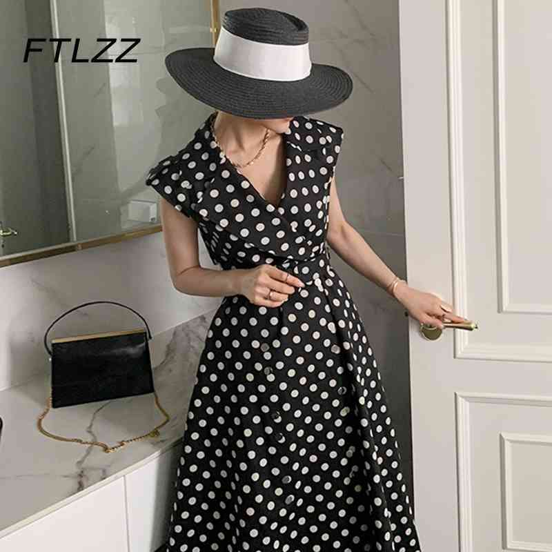 

Women French Retro Dress Summer Lapel Double-breasted Lace-up Vintage Polka-dot Dresses Woman Slim A Line Office Long Robe 210602, Khaki dots