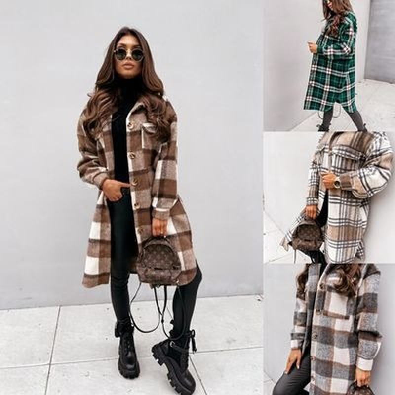 

Kalenmos Streetwear-style Long-sleeved Plaid Print Wool Coat Women Shirt Lapel Straight Single-breasted Coats and Jaets Woman