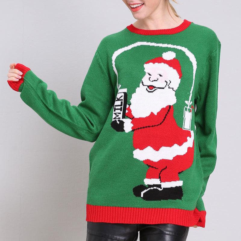 

Women's Sweaters Ugly Sweater Women Funny Christmas Green Santa Claus Loose Autumn Winter Long Sleeve Pullover Casual Knitted Jumper, Black