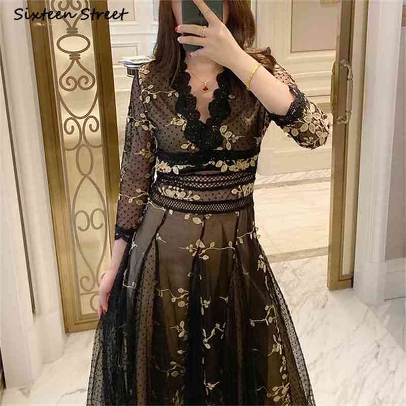 

White Mesh Embroidery Dress Woman V-neck Lace Maxi Vestido es High Waisted Vintage Elegant Party Female Spring 210603, Clear