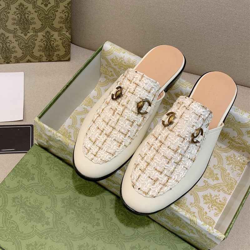 

Designer Womens Fashion Slipper Baotou Embroidered Horsebit Ladies Half Slippers Fashion Flat Hollow Mules Sandal