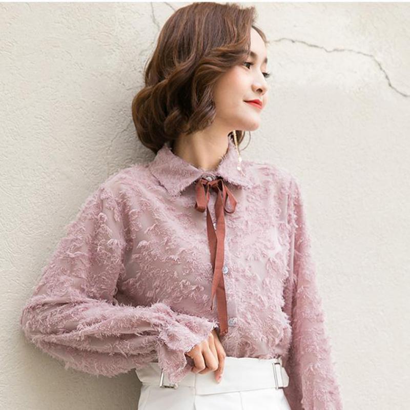

Women' Blouses & Shirts Spring Fall Fashion Korean Women Bow Full Sleeve Cardigan Chiffon Blouse , Designer Casual Autumn Woman Female Tass, Pink