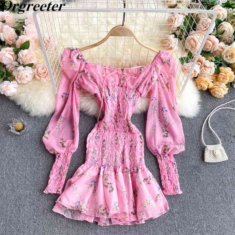 

Spring Sexy&Club Floral Printted Mini Dress Square collar Lantern Sleeve Elastic Pleated Slim Bodycon Mermaid 210602, White