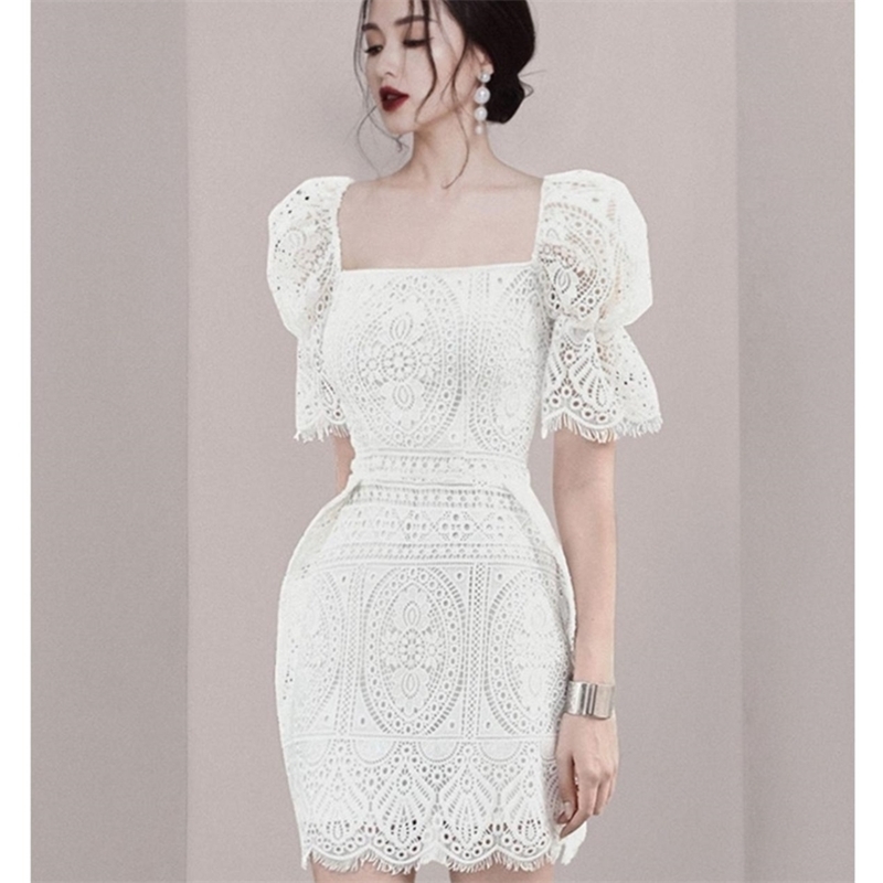 

Vintage lace white beach dress slimming waistline square neck short sleeve high waist lining summer mini 210603, Picture color
