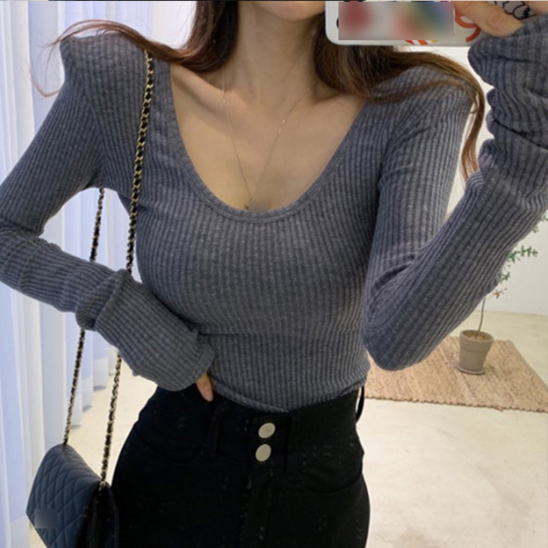 grey South Korea T Women Spring Solid sexy Slim Fit skinny Tee Long Sleeve Tshirt Tops female girls shirt 210417Z