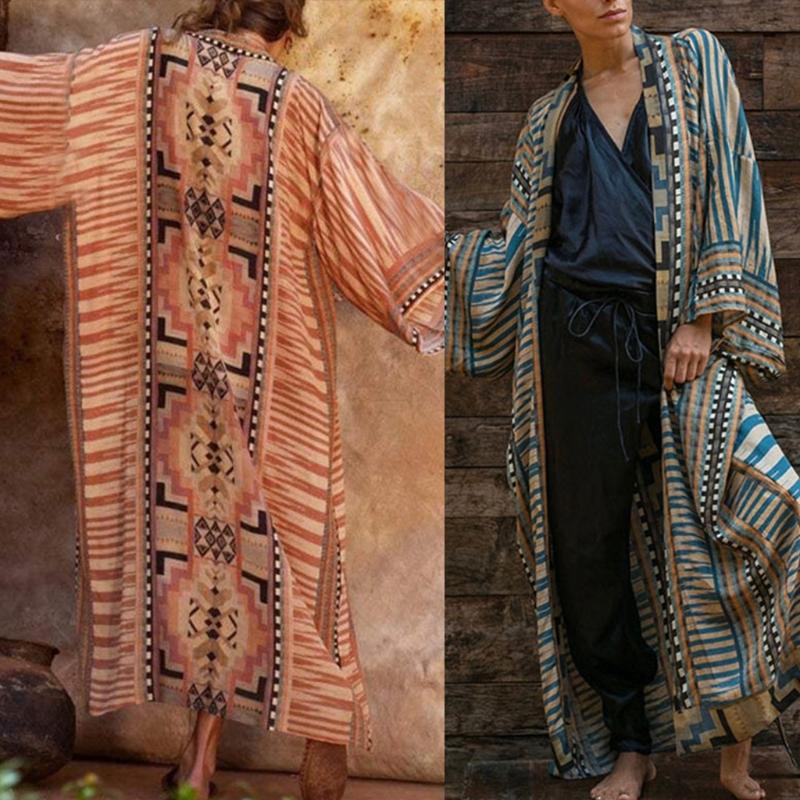 

Women's Swimwear Y8AE Women Bohemian Long Sleeve Kimono Cardigan Geometric Pattern Belted Top Blouse, White;black