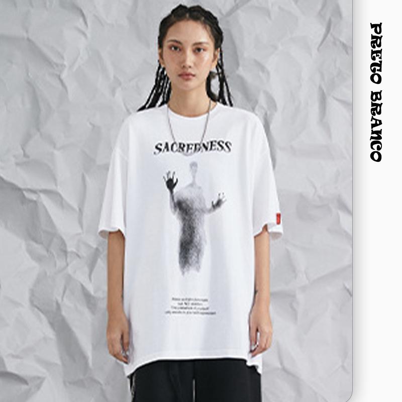 

Men' T-Shirts PRETO BRANCO Men'sl Tide Bf Short-sleeved Brand Loose Trend Ins Street Hip-hop Ghost Character Printed T-shirt CXZ, Beige