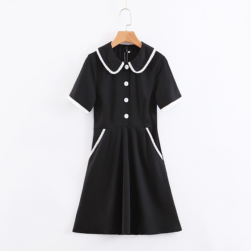 

Preppy Style Cute Girls Peter PAN Collar Button Mini Dress Sweet Summer Female Solid Twill Dress Casual Vestidos 210520, Black