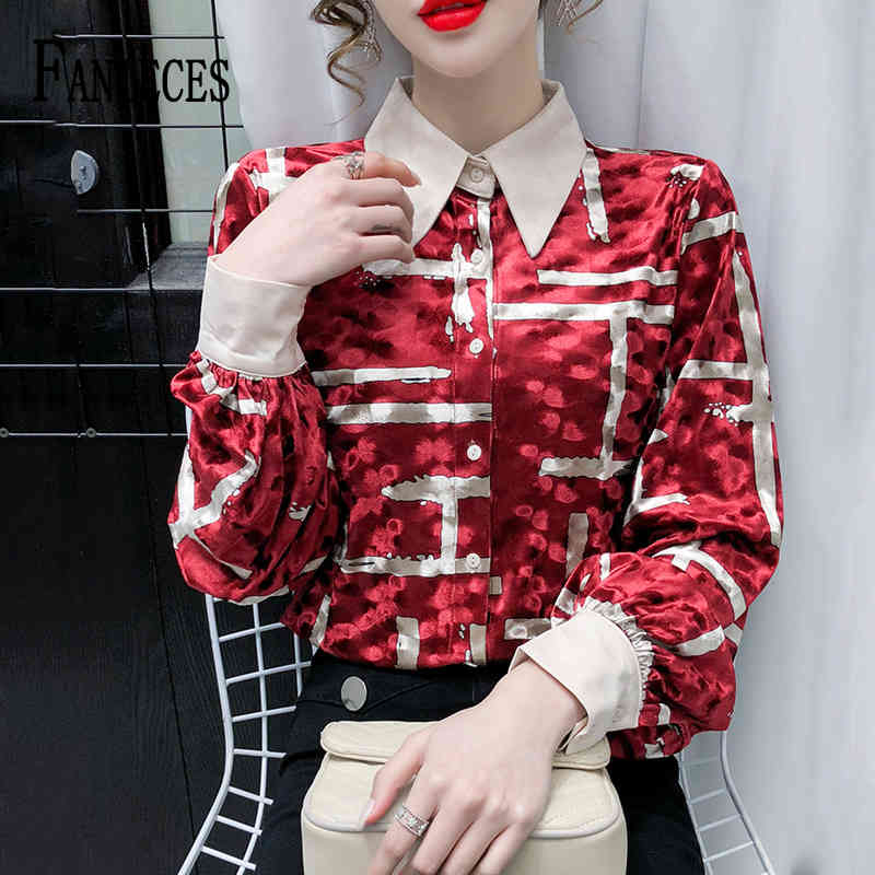 

Fashion Print Shirts Women' blouses Spring Summer Slim Long sleeve Tops Fall Blusas Mujer chemise femme camisas de mujer 210520, Watermelon red
