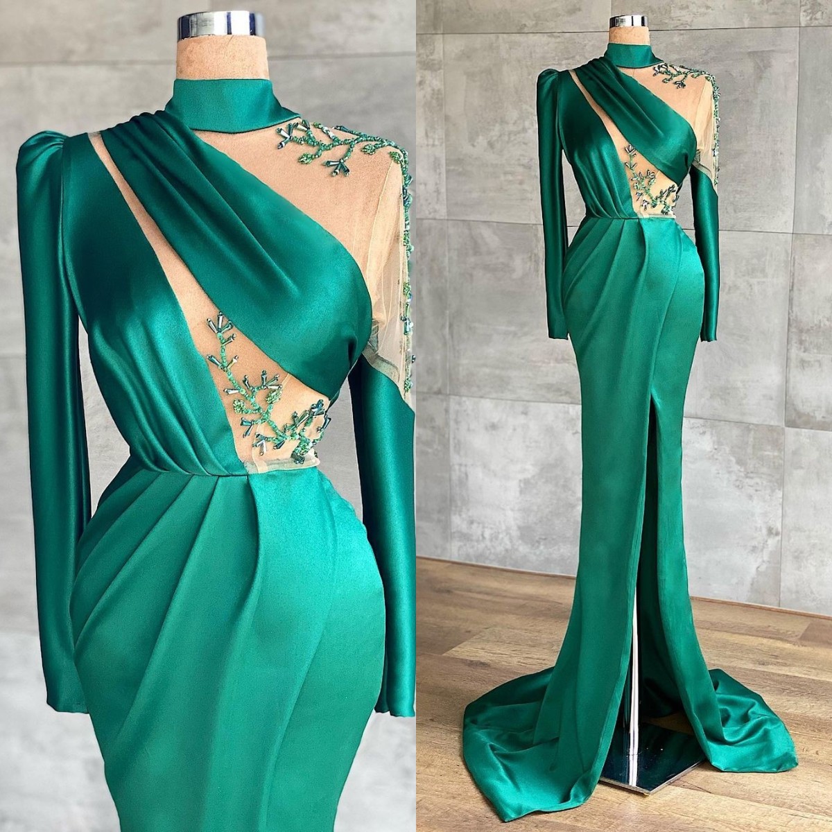 

Green High Front Split Evening Dresses Satin Long Sleeve Mermaid Prom Gowns Custom Made Formal Robes De Soirée, Light purple