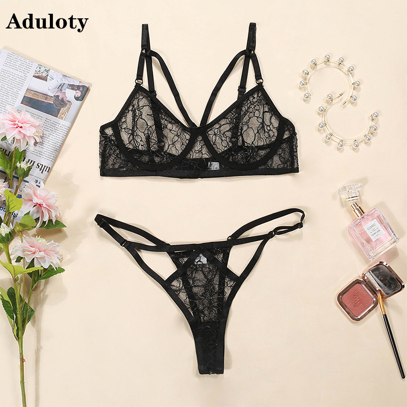 

Aduloty New womens sexy lace embroidered lingerie set underwire gather bra set sexy perspective thong underwear set, Red