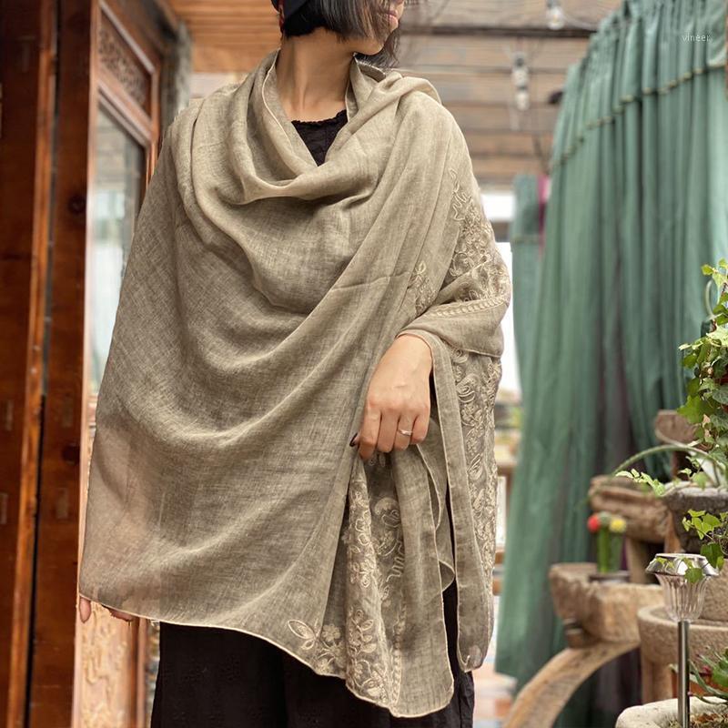

Scarves Johnature Women 2021 Winter Embroidery Flower Vintage Wraps Loose Poncho Feminine Cotton, Blue;gray