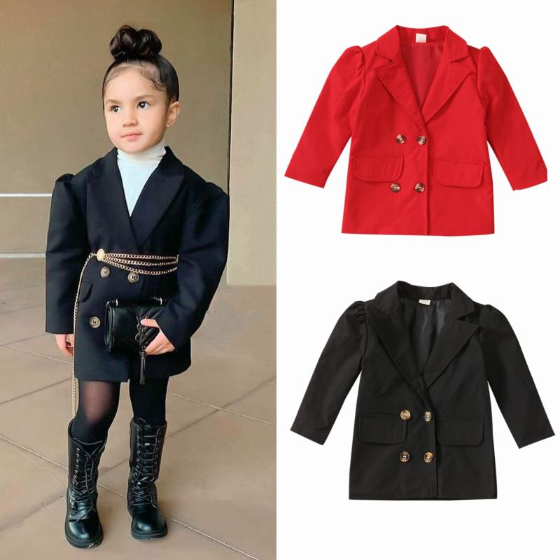

Jackets Toddler Baby Girls Double Breasted Two Button Puff Sleeves Blazer Lapel Suit JacketAutumn Outwear Coat Clothes, Blue;gray