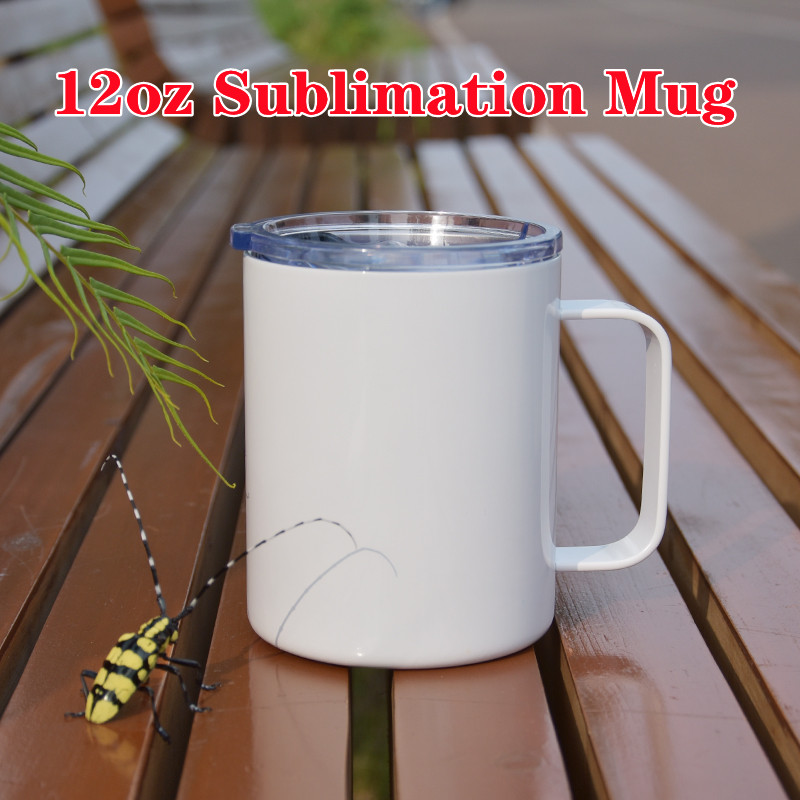 

12oz Sublimation Car Mug Lowball Tumbler Camping Mugs with Handle Stainless Steel Double wall vacuum insulation Wine tumblers, Sublimation white