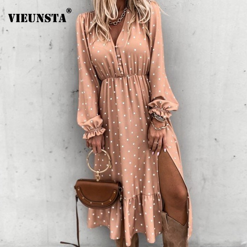 

2021 Spring Floral Print Slim Long Shirt Dress Women V-neck Button Split Party Dress Autumn Long Sleeve Elastic Waist Maxi Dress, 01 green print