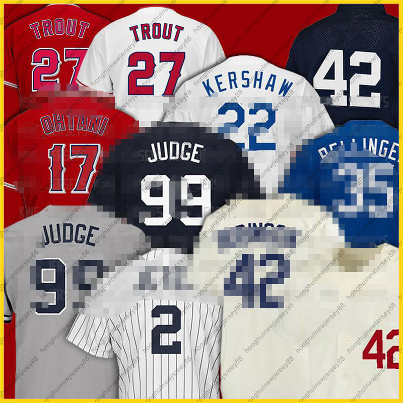 

99 Aaron Judge 2 Derek Jeter Baseball Jerseys 22 Clayton Kershaw 35 Cody Bellinger 27 Mike Trout 17 Shohei Ohtani Men Jersey