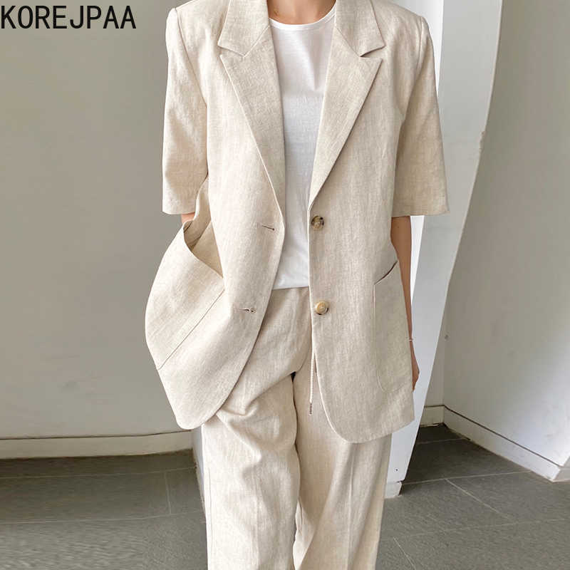 

Korejpaa Women Tailored Coat Summer Korean Fashion Temperament Commute Casual Lapel Two-Button Short-Sleeved Suit Jacket 210526, Black