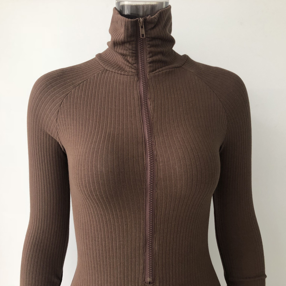 

2021kgfigu 2021 new arrival womens brown rompers high neck zipper ruched jumpsuit casual long sleeve clubwear one piece clothes, Black;white