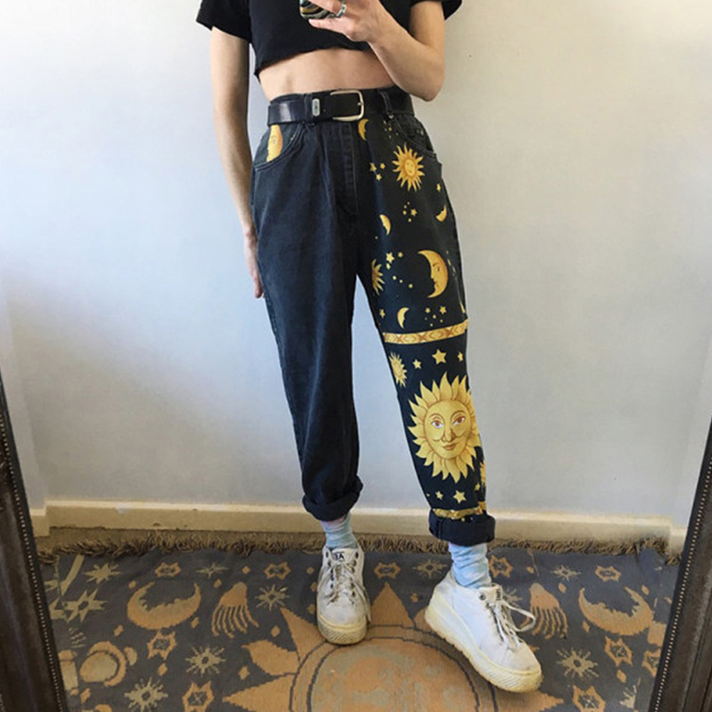 

DUUTI 2021 Vintage High Waist Straight Jeans Pants for Women Sun Moon & Stars Print Streetwear Loose Female Denim Ladies Jeans, Black