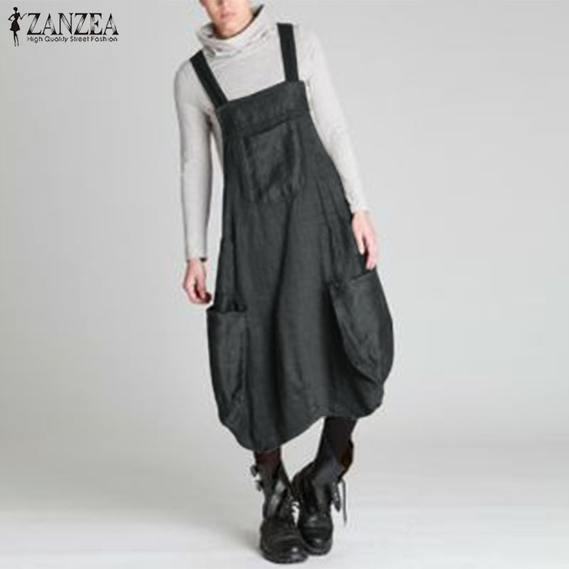 

2021 ZANZEA Casual Dungarees Midi Vestidos Womens Sundress Fashion Summer Autumn Overalls Dress Female Front Pockets Robe Femme, Black